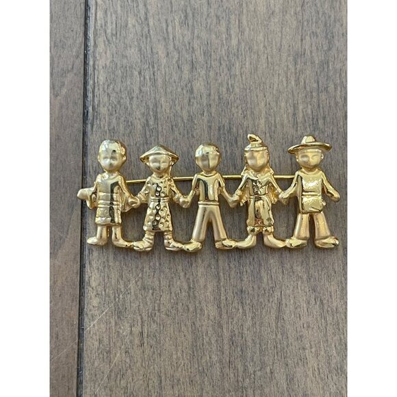 Five Gold-Tone Figures Holding Hands Brooch, Gold Tone, Signed - Picture 1 of 5